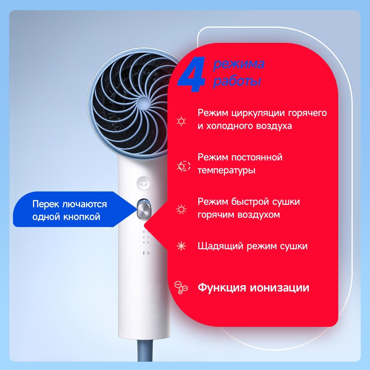 Фен для волос SOOCAS H5, сине - белый, Ростест (EAC) - фотография № 5