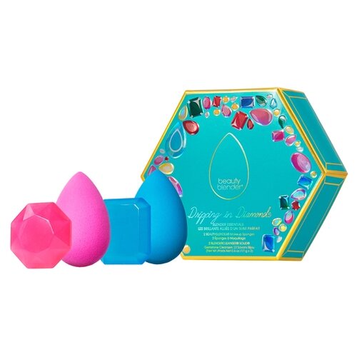 beautyblender подарочный набор the crown jewels beautyblender спонжи Beautyblender Набор спонжей Dripping In Diamonds с мылом, 2 шт. розовый/голубой