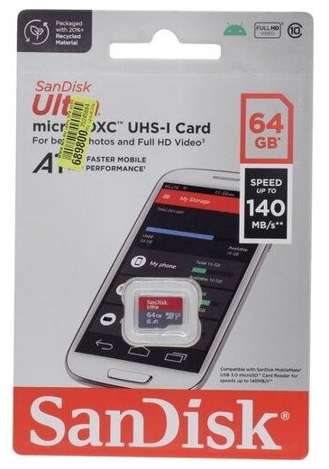 Micro SecureDigital 64GB SanDisk Ultra Class 10, Uhs-i, R 140 МБ/с, Sdsquab-064g-gn6mn без адаптера .