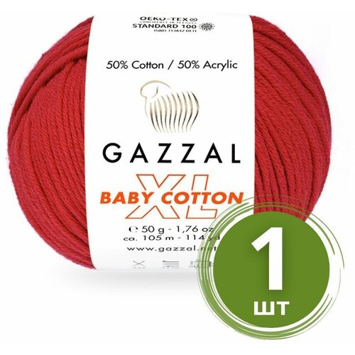 Пряжа Gazzal Baby Cotton XL (Беби Коттон XL) - 1 моток Цвет: 3443 Алый 50% хлопок, 50% акрил, 50 г 105 м