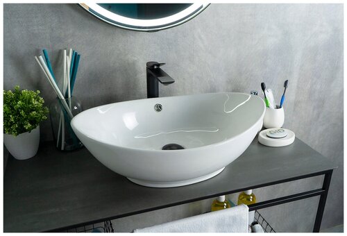 Комплект 2 предмета: Керамическая накладная раковина для ванной Gid N9019 (60х37х19см) с сифоном А-3202