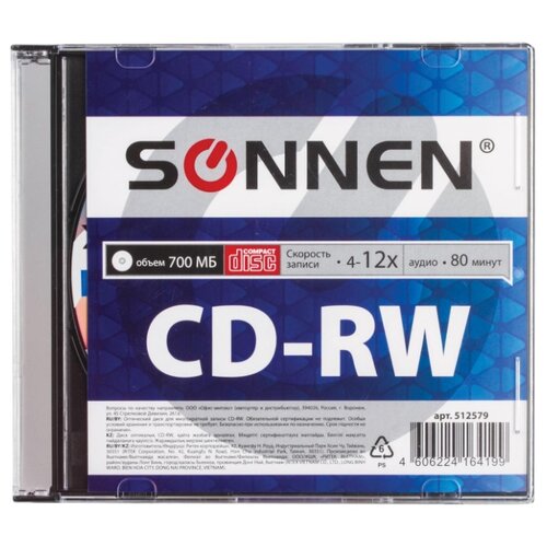 Диск CD-RW SONNEN, 700 Mb, 4-12x, Slim Case (1 штука), 512579