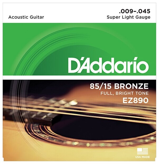 Струны для акустической гитары Super Light 9-45 D'Addario EZ890 AMERICAN BRONZE 85/15