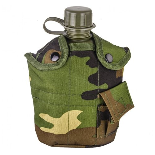 фото Армейская фляга (фляжка) пластиковая 1 литр, в камуфлированном чехле с алюминиевым котелком, цвет вудланд, (woodland) yagnob