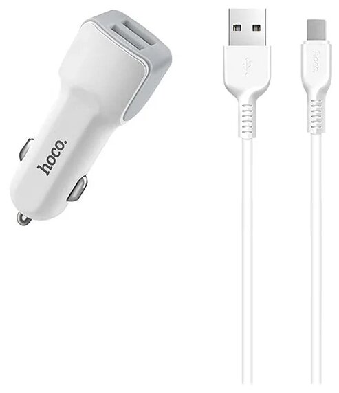 Автомобильное зарядное устройство с 2 USB HOCO Z23, 2.4A + кабель micro USB, white