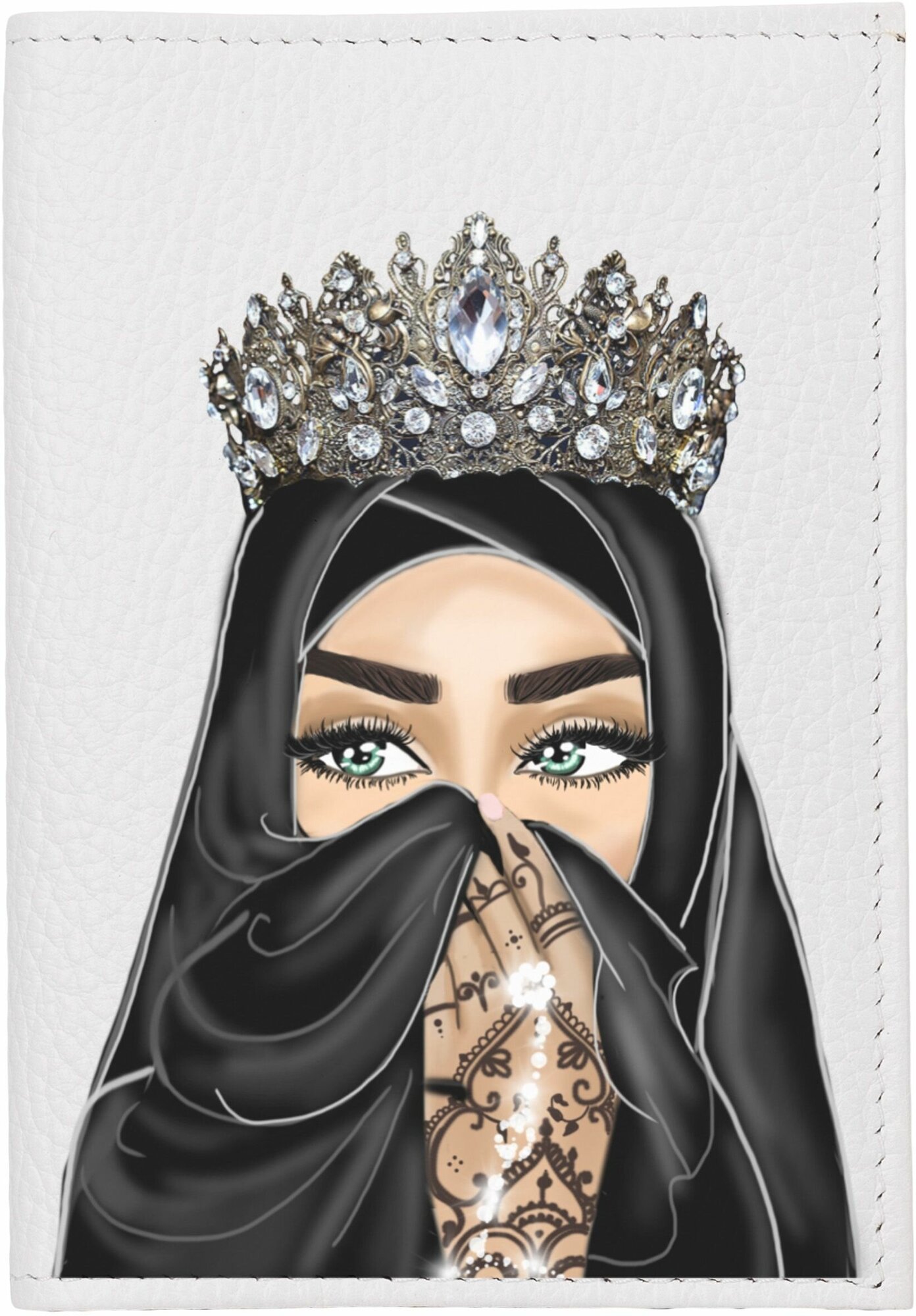 Обложка на паспорт натуральная кожа принцесса с короной в хиджабе 