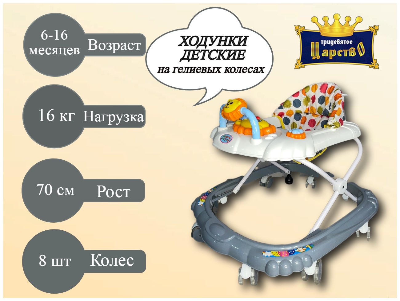 Ходунки детские музыкальные на силиконовых колесах 101 серые с игровой панелью