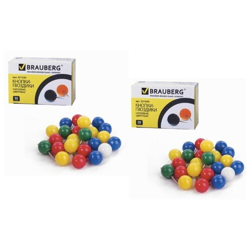 фото Силовые кнопки-гвоздики brauberg, цветные (шарики), 50 шт., в картонной коробке, 221550 (2 штуки) 221550-2