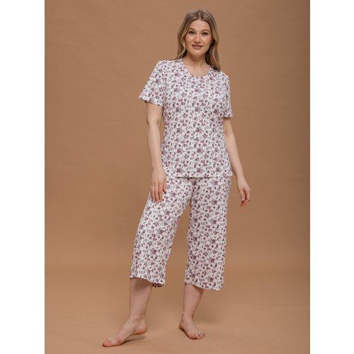 фото Пижама алтекс, футболка, застежка отсутствует, короткий рукав, размер 56, бежевый