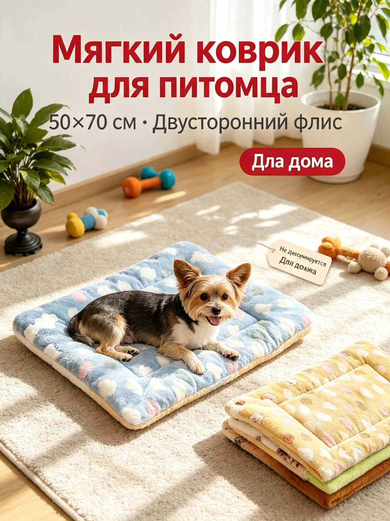 Подстилка для вас для собак и кошек двусторонняя флисовая, утепленная 50х70 см, принт случайный, мягкая лежанка для питомцев