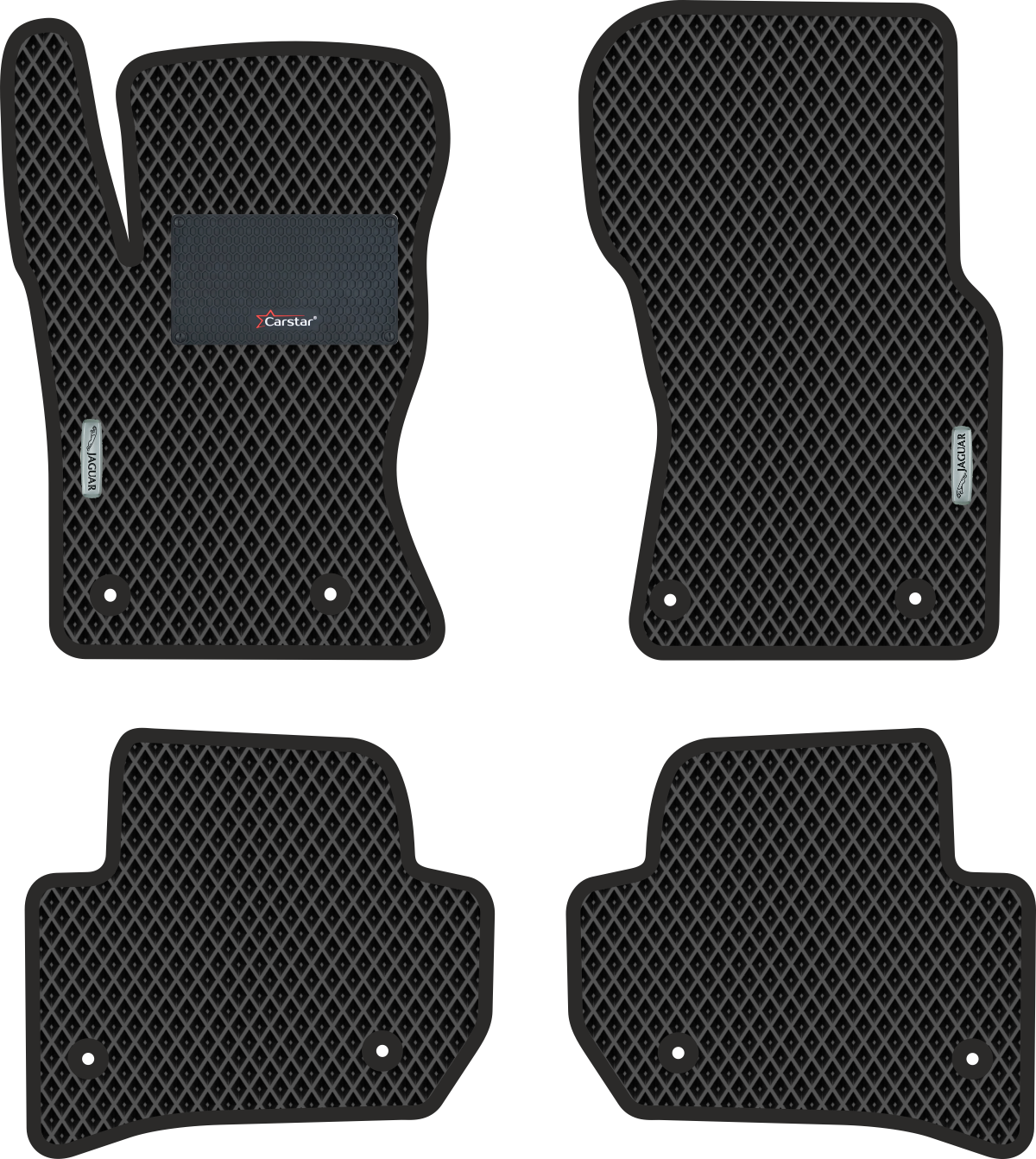 Автомобильные коврики EVA для Jaguar F-Pace I (2015-н/в), с каучуковым подпятником и 2 эмблемами Jaguar, чёрные с чёрным кантом, ячейка - ромб