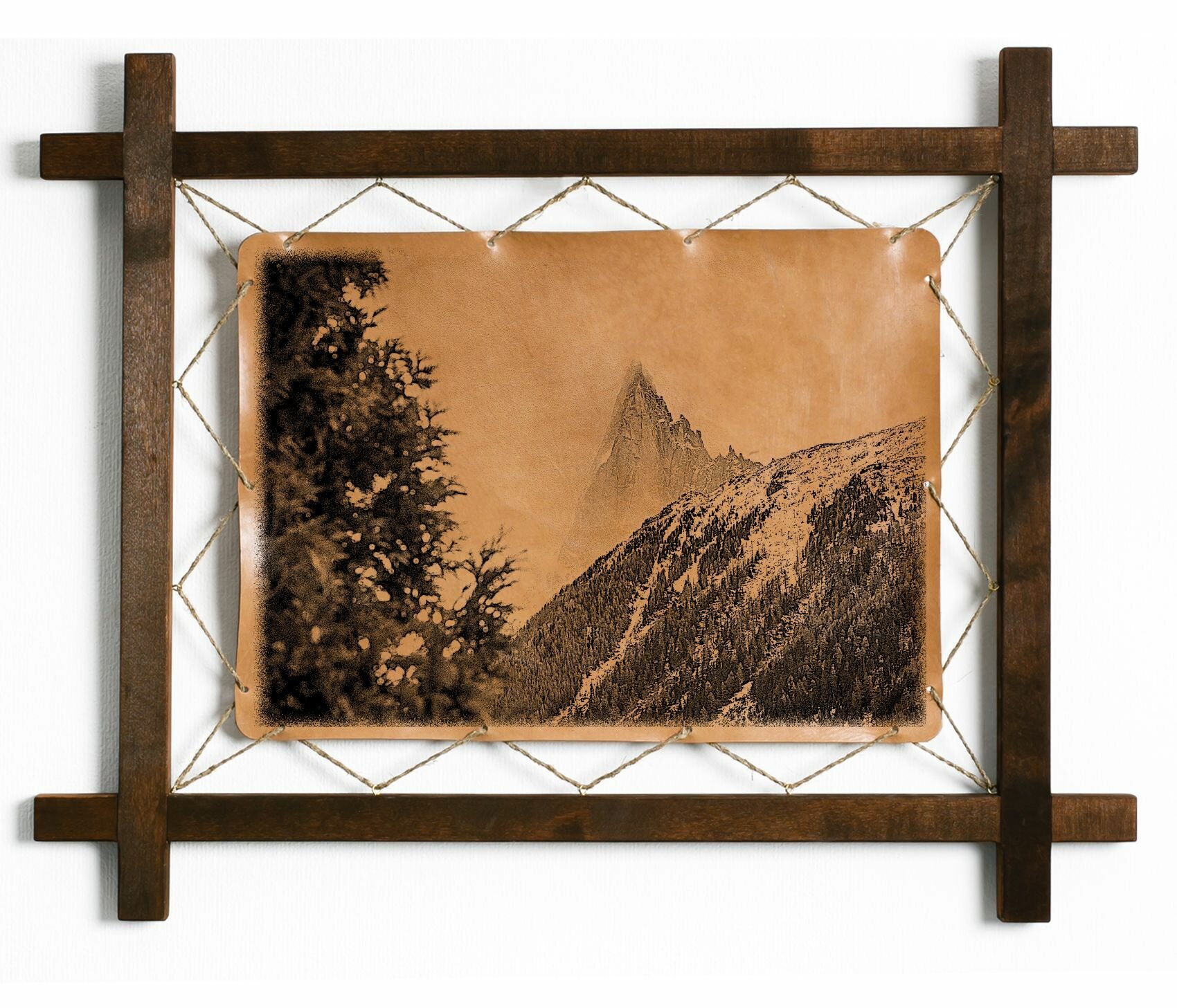 Картина "Горы", интерьерная для украшения и декора на стену в деревянной раме, подарок, натуральная кожа, BoomGift