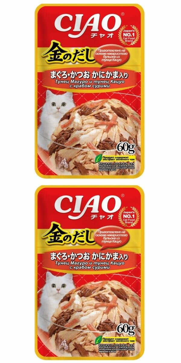 INABA корм для кошек Ciao Kinnodashi, пауч, тунец магуро и тунец кацуо с крабом сурими в желе 60 г, 2 шт.
