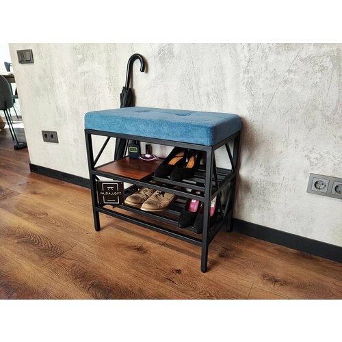 Обувница с мягкой сидушкой из массива дерева и металла, Этажерка для обуви в стиле Лофт лаконичного и современного дизайна. 60*34*50см