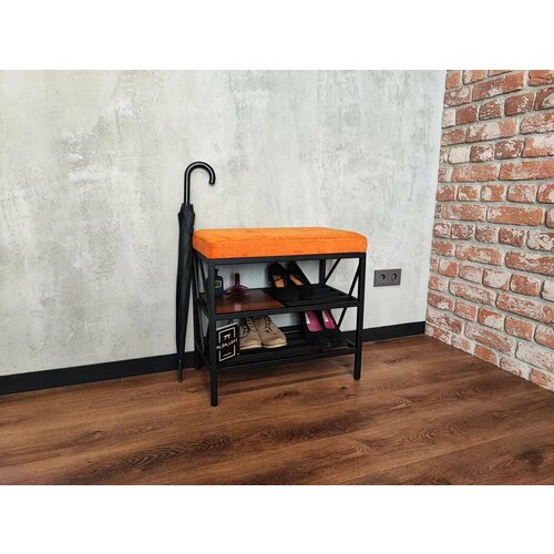 Обувница с мягкой сидушкой из массива дерева и металла, Этажерка для обуви в стиле Лофт лаконичного и современного дизайна. 60*34*50см