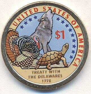 (2013p) Монета США 2013 год 1 доллар Договор с делаварами Латунь COLOR. Цветная