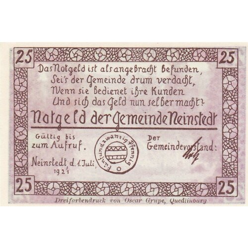 Германия (Веймарская Республика) Ниенштедт 25 пфеннигов 1921 г. германия веймарская республика ниенштедт 50 пфеннигов 1921 г