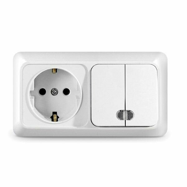 фото Блок "UNIVersal" "Олимп", о/у, выключатель двухклавишный с подсветкой 10А + розетка с/з 16A, 220В, горизонт. белый (еврослот) (АТ1524)