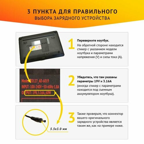 Зарядное устройство (БП) ZeepDeep для ноутбука Samsung 300E(V)-series, NP3***-series, R4**(5**)-series, Q3**-series, 19V 3.16A, 60W блок питания зарядка zeepdeep для ноутбука samsung 300e v series np3 series 19v 3 16a 60w с кабелем штекер 5 5х3 0