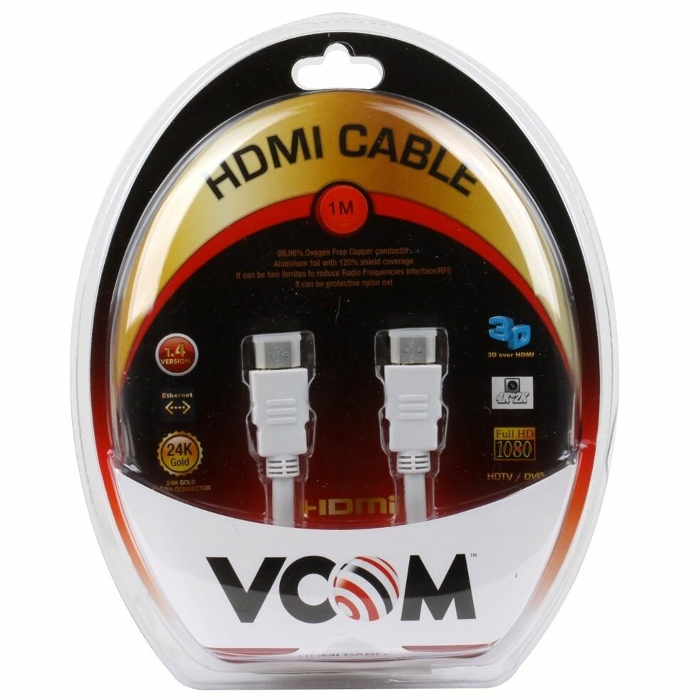 Кабель VCOM HDMI 19M/M ver:1.4+3D, белый, позолоченные контакты, Золото 24 Карат, 1 м, блистер, арт. VHD6000D