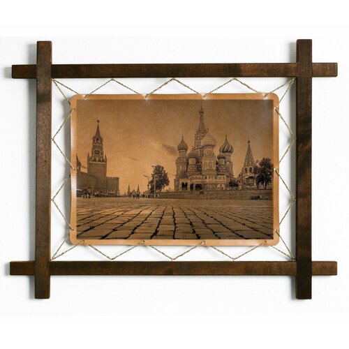 Картина Красная площадь, гравировка на натуральной коже, интерьерная для украшения и декора на стену в деревянной раме, подарок, BoomGift