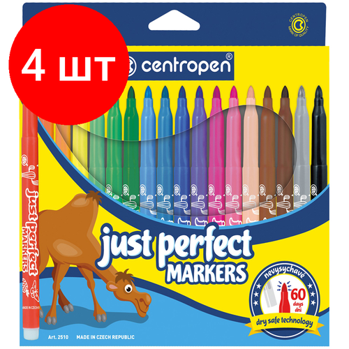 Комплект 4 шт, Фломастеры Centropen Just Perfect, 18цв, трехгранные, смываемые, устойч. к высыханию, картон, европодвес