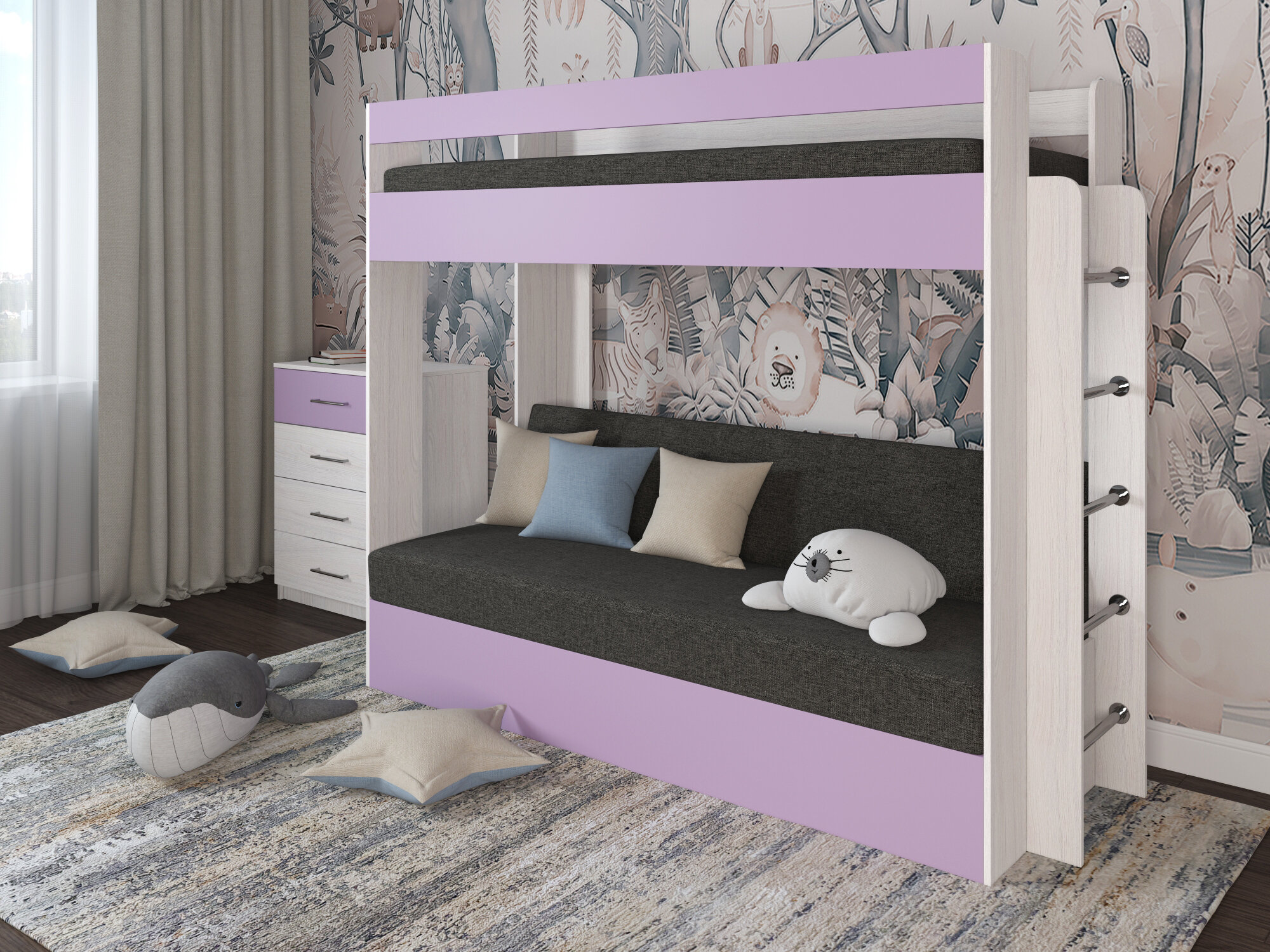 Кровать двухъярусная с диваном Есэндвич new Лаворо, 110x209 см (Анкор белый/Ирис/Рогожка Savana Grey)