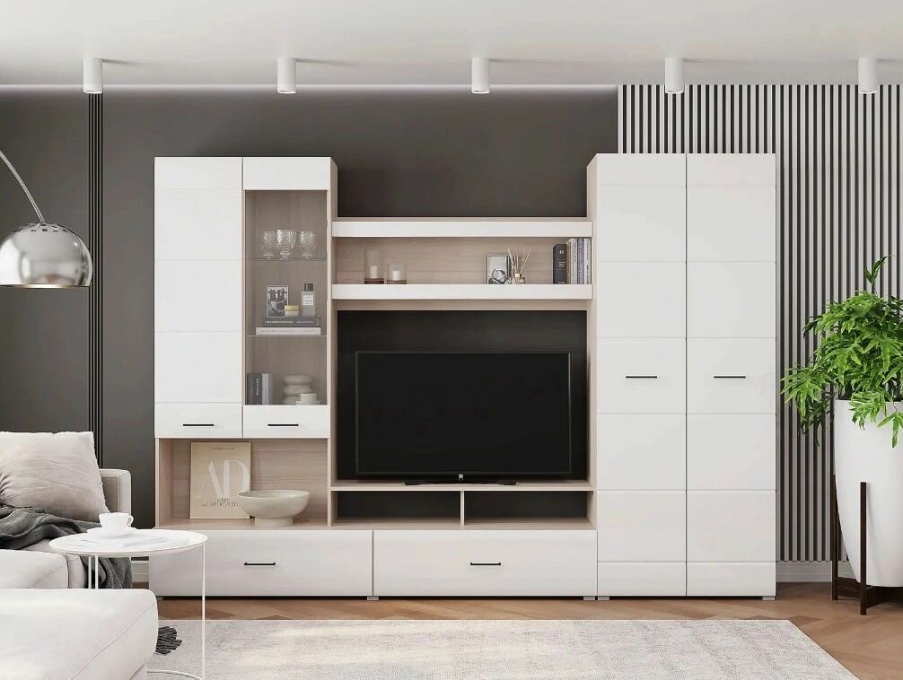 Гостиная стенка Ненси 1. Сонома/белый глянец. Сборка универсальная