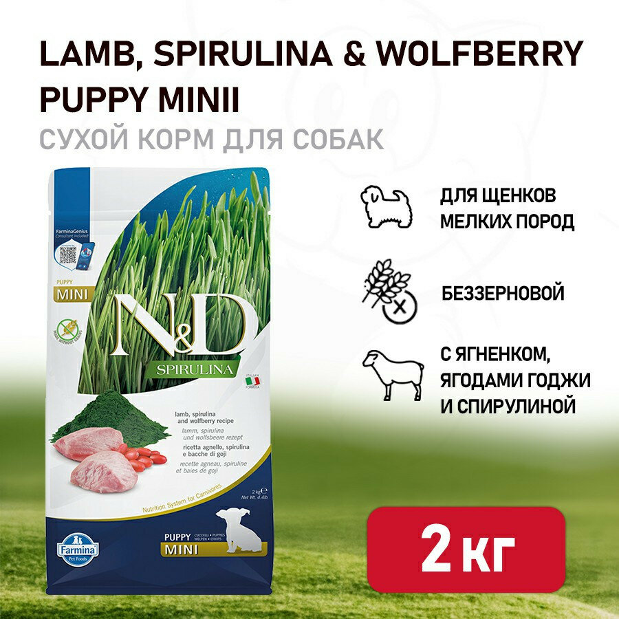 Farmina N&D Dog Spirulina Lamb & Wolfberry Puppy Mini сухой корм для щенков мелких пород с ягненком и ягодами годжи - 2 кг