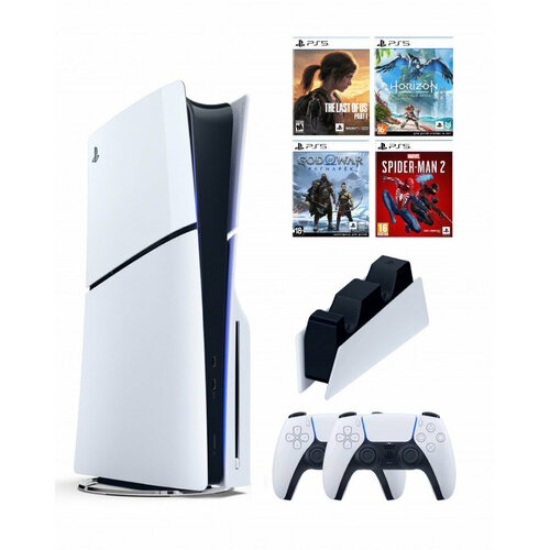 Приставка Sony Playstation 5 slim 1 Tb+2-ой геймпад(белый)+зарядное+Gog of War+ЧП2+HWF+TLOU игровая консоль sony playstation 5 standard edition с дисководом и двумя геймпадами белый