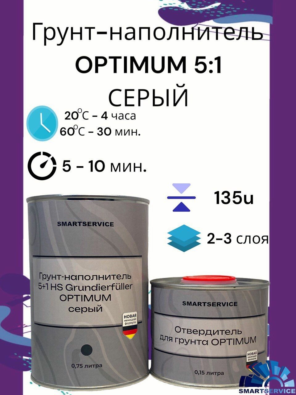 фото Грунт-наполнитель 5+1 HS Grundierf ller OPTIMUM серый 0,75 л + Отвердитель 0,15 л