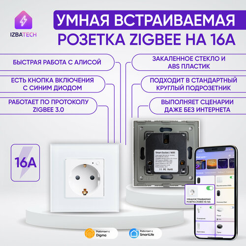 Умная встраиваемая розетка Zigbee с голосовым управлением 16А, белая