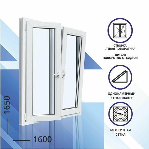 Окно ПВХ однокамерное 1600x1650 мм двухстворчатое: левая поворотная, правая поворотно откидная с москитной сеткой|fenix-18375-rfbs