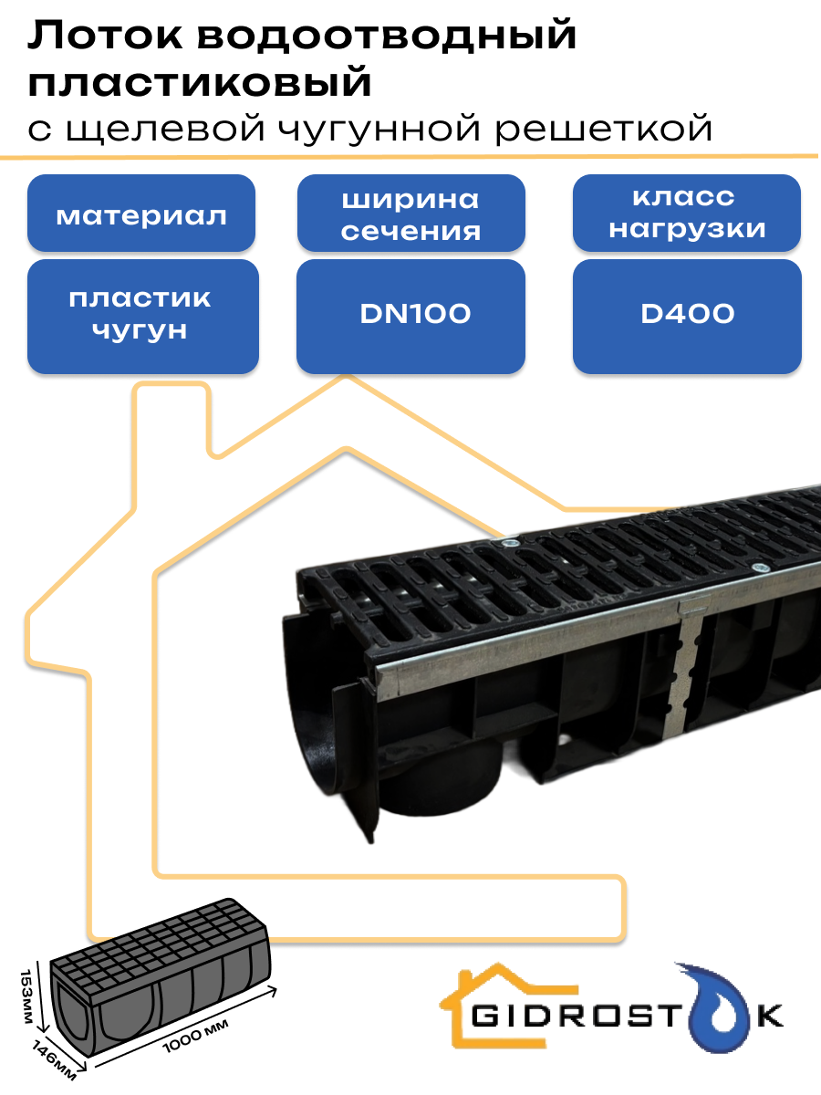 Лоток пластиковый усиленный DN100 H153 мм с щелевой чугунной решеткой класс D400