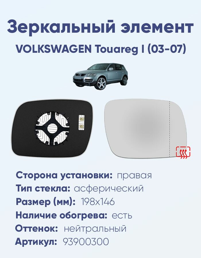Зеркальный элемент правый VOLKSWAGEN Touareg I (03-07) асферика нейтральный с обогревом