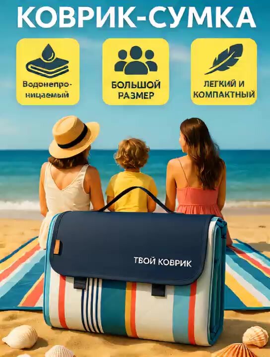Пляжный коврик для отдыха на море пикника и кемпинга 200х200 см ( Портативный туристический водонепроницаемый) — фото 1