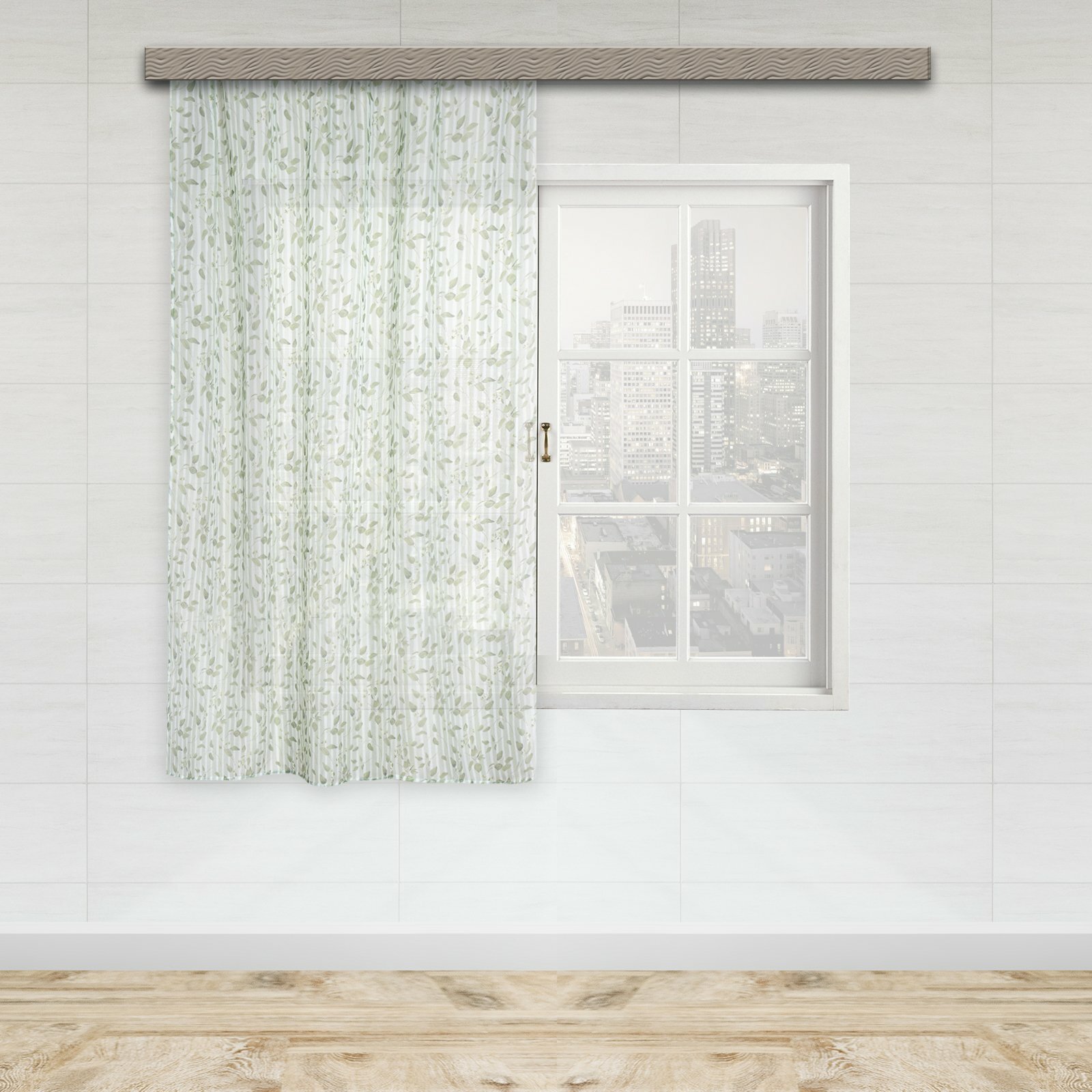 Тюль на ленте для кухни Листья полосы 140x180 см цвет зеленый - фотография № 6