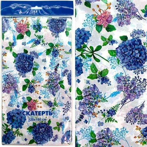Скатерть одноразовая/Скатерть праздничная, Гортензия, Синий, 120*180 см, 1 шт.