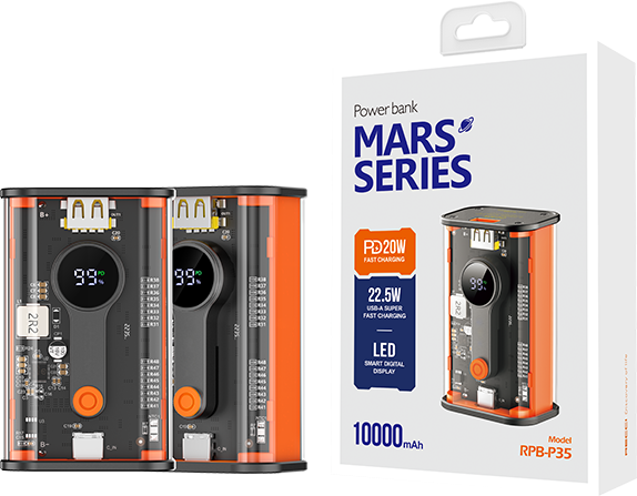 Внешний аккумулятор Recci Mars RPB-P35 10000mAh 1USB-A 1USB Type-C 22.5W 20W черный