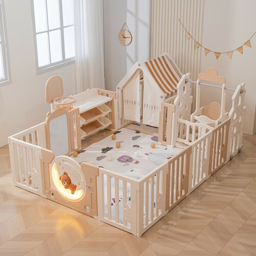 Большой детский игровой манеж/комплекс с качелями UNIX Kids DeLuxe House&Storage 180x200 см Camel из пластика, с домиком, бежевый