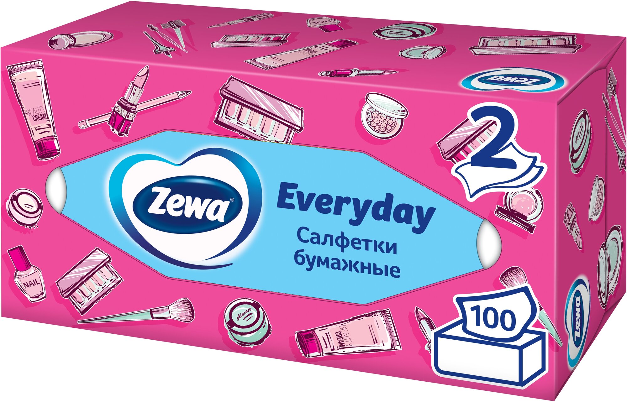 Салфетки косметические 100 штук в картонном боксе, 2-слойные, ZEWA Everyday, 24516, 6286