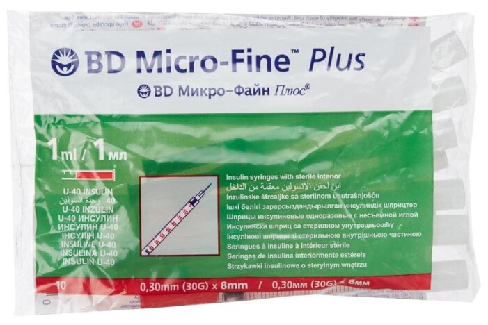 Шприц инсулиновый BD Micro-fine plus U-40 трехкомпонентный 30G (0.3 мм х 8 мм), 1 мл