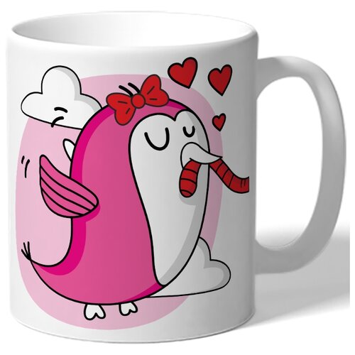 фото Кружка белая парная в подарок влюбленным - розовая птичка с бантиком, сердца drabs
