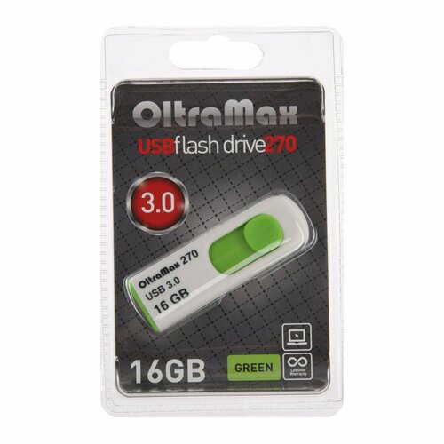 Флешка OltraMax 270, 16 Гб, USB3.0, чт до 70 Мб/с, зап до 20 Мб/с, зеленая