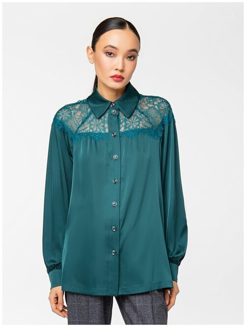 Блуза  Lo, нарядный стиль, прямой силуэт, длинный рукав, размер 48, зеленый