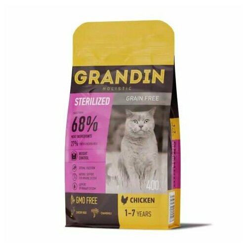 Grandin Корм сухой для кастрированных котов и стерилизованных кошек в возрасте от 1 года до 7 лет, с курицей, 400 гр, 2 шт