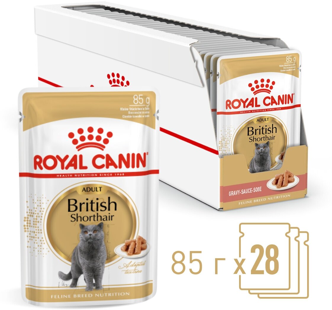 Royal Canin British Shorthair Adult пауч для кошек британской породы (кусочки в соусе) Мясо, 85 г. упаковка 28 шт - фотография № 1