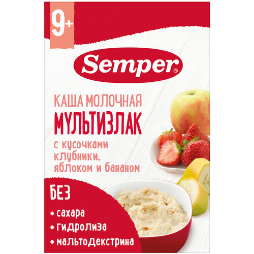 Каша Semper молочная мультизлак с кусочками клубники, яблоком и бананом, с 9 месяцев