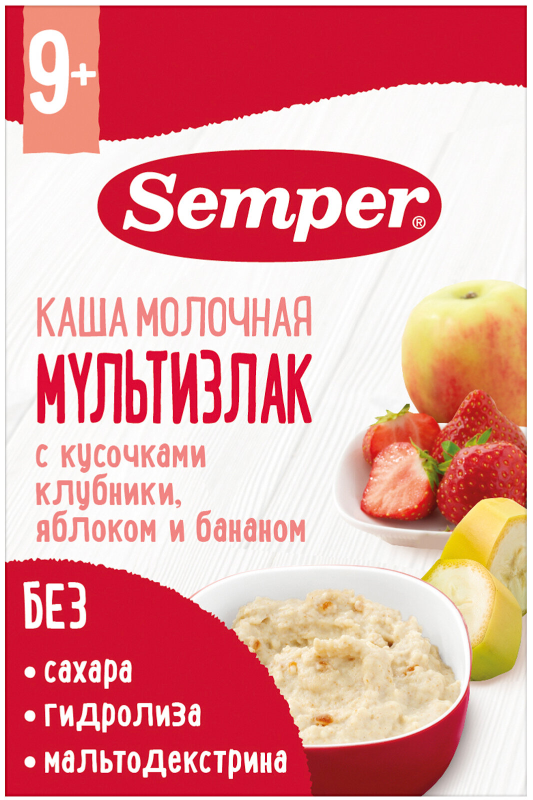 Semper - каша мол. мультизлак с кусочками клубники, яблоком и бананом, 9 мес, 180 гр