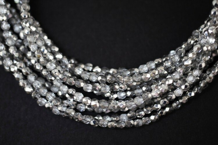 Бусины граненые Firepolish 3мм, отверстие 0,7мм, цвет 27001 серебро 1/2, 713-034, 1 нить (около 50шт)